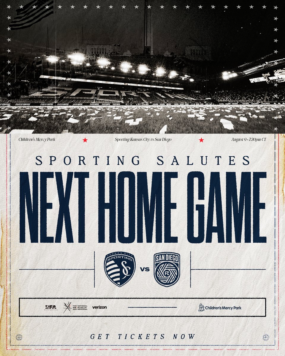 SportingKC's tweet image. Away this weekend, then we're home for Sporting Salutes 🫡
🆚 San Diego
🗓️ August 9
🕢 7:30PM CT
Get Tickets 🎟️: skcsoccer.co/X89