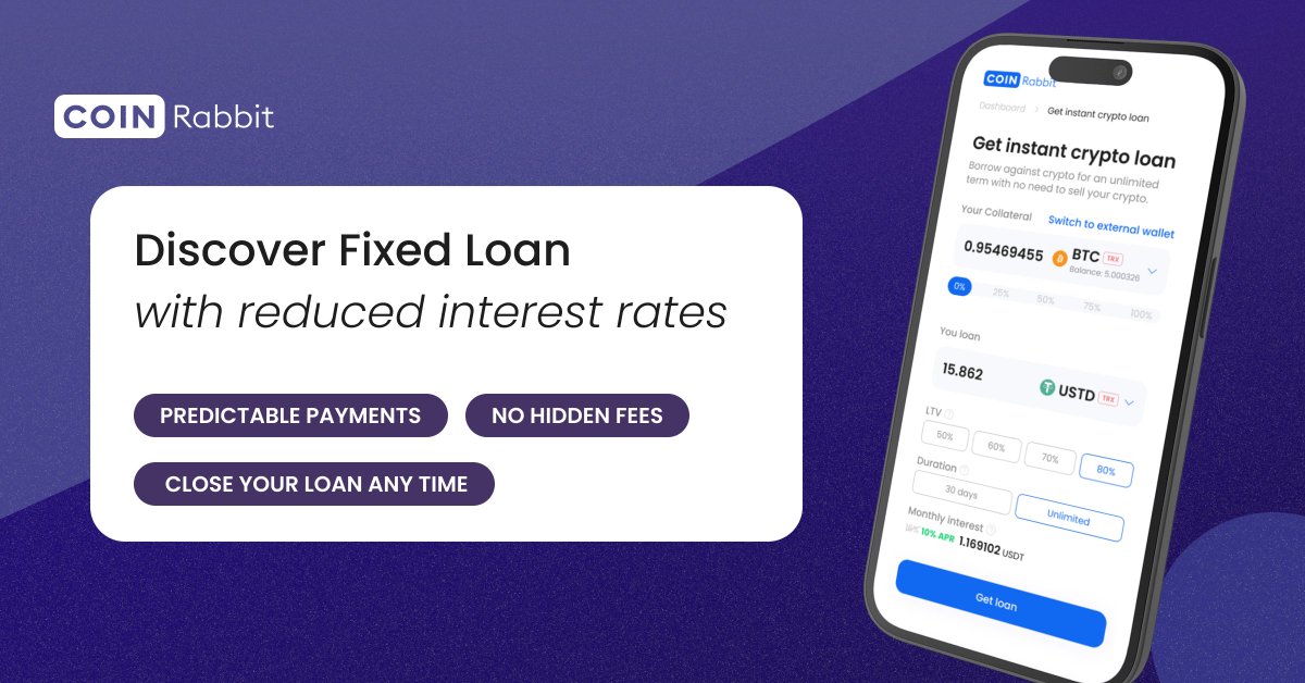 CoinRabbitLoans's tweet image. We are excited to announce the launch of fixed-term loans!
Borrow for 30 days with reduced and fixed interest rates:
• Predictable payments
• No hidden fees
• Close your loan any time before the 30-day term ends — full flexibility, no penalties!
→ Learn more:…
