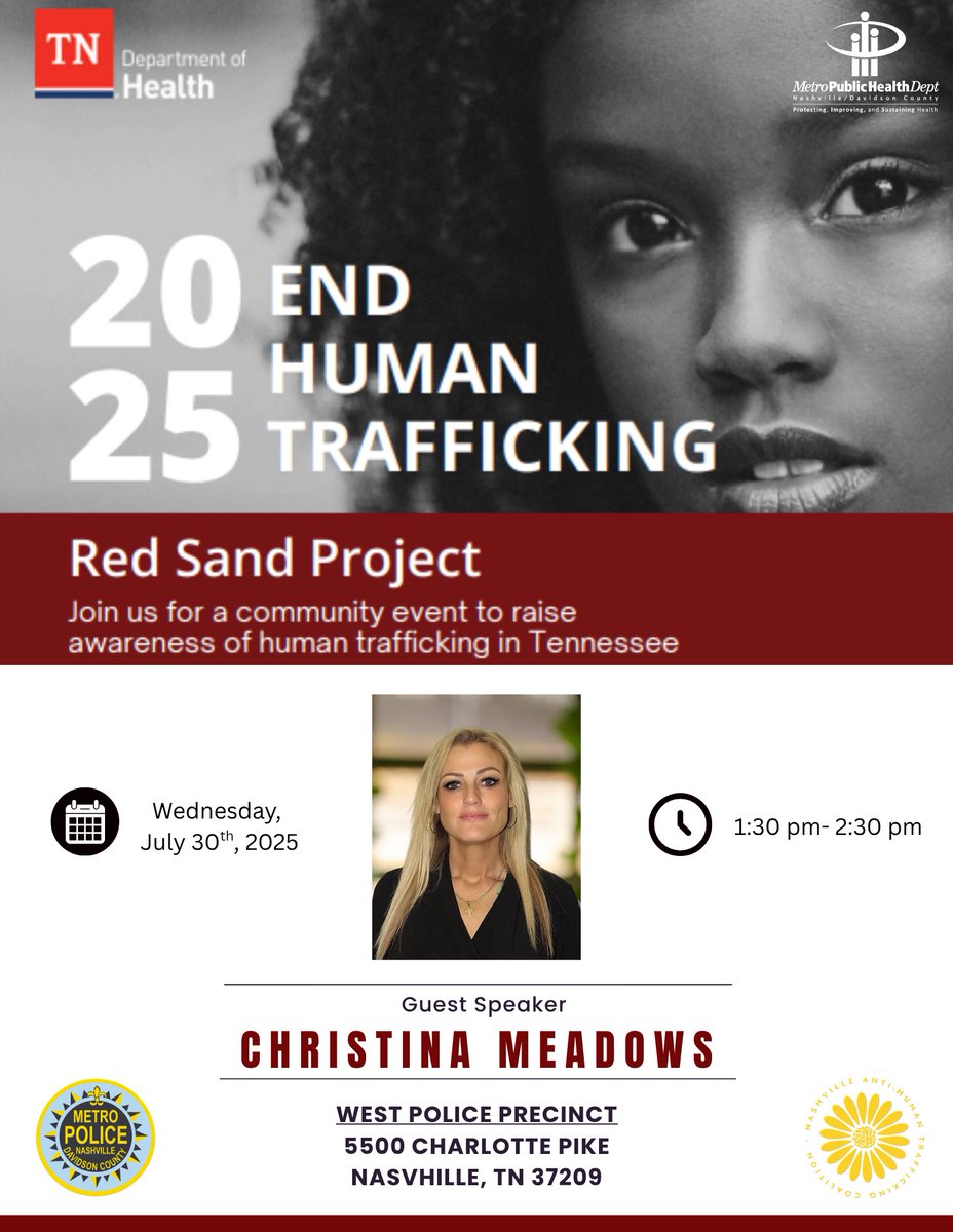 July 30th is World Day Against Trafficking in Persons. Please join us at the West Police Precinct next Wednesday from 1:30PM-2:30PM as we gather to raise awareness for human trafficking in Tennessee. We look forward to hearing from our guest speaker, Christina Meadows!