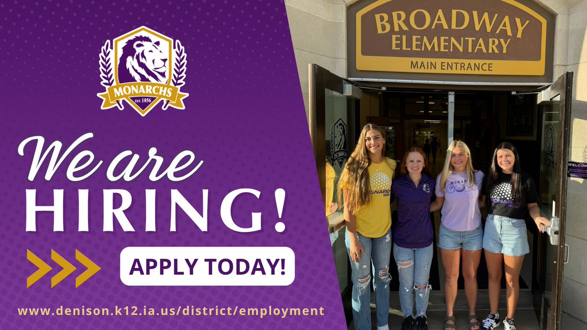 Denison_CSD's tweet image. Our district is hiring RIGHT NOW for the 2025-26 school year! 🎉

We’re looking for a cook, bus driver, special education teacher and many other professionals.

Explore available positions now: applitrack.com/Denison/online… #Monarchs