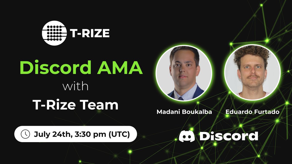 trize_io's tweet image. We are happy to invite everyone to our Discord AMA with the T-Rize Team.
Our CEO @madanirealx & CTO @EduardoFuture will be speaking on stage.
You shouldn't miss this AMA. There are exciting updates about our upcoming plans and being early is your best shot!
Event Link:…