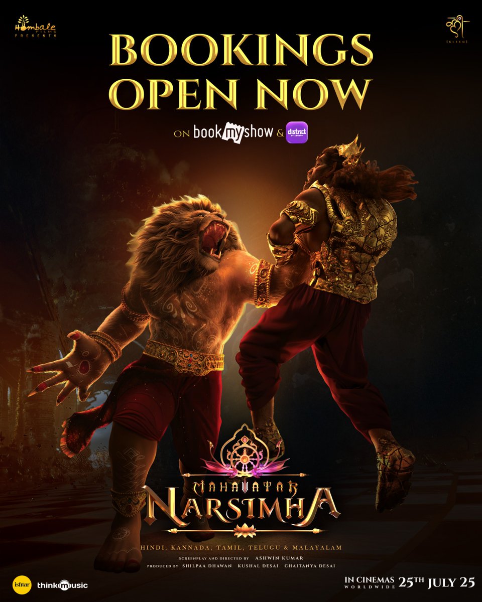 vedivediga's tweet image. The roar has begun 🔥
The epic tale of #MahavatarNarsimha is ready to shake the screens.
BOOKINGS ARE NOW OPEN.
Grab your tickets now and witness the epic in theatres from TOMORROW!
🎟️ linktr.ee/MahavatarNarsi…
#Mahavatar @hombalefilms @VKiragandur @ChaluveG @kleemproduction…