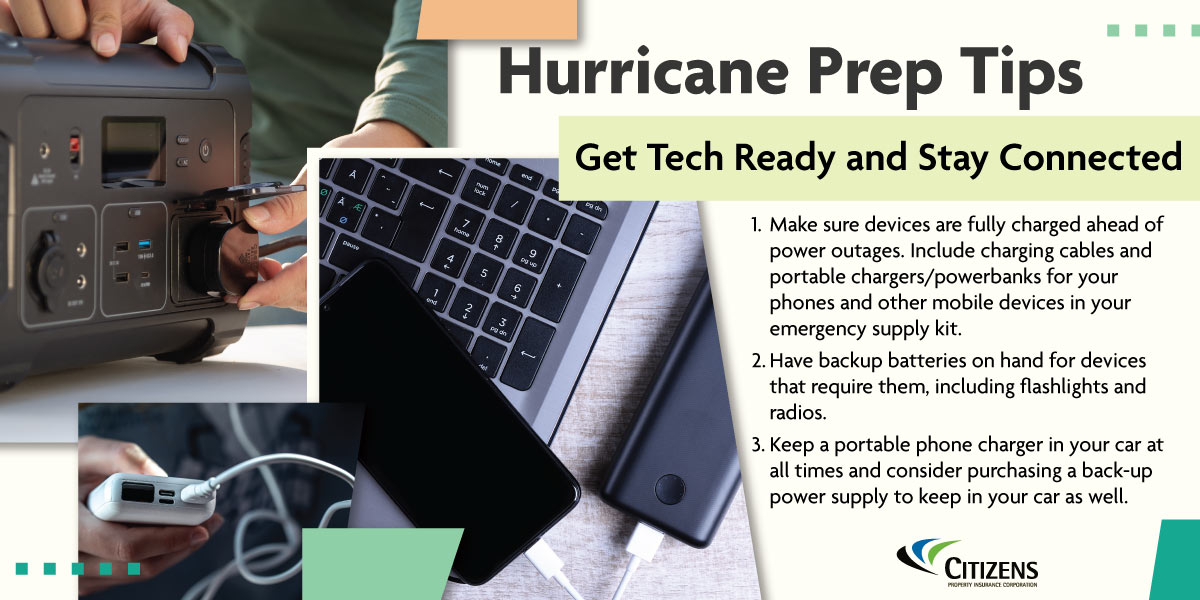 citizens_fla's tweet image. #HurricanePrep: Technology has made it easier than ever to prepare, but can be unreliable if you haven’t kept your gadgets protected and powered up. Include tech prep in your storm season planning. For more ideas: ow.ly/mQgU50Wrsnt. #CitizensIsReady