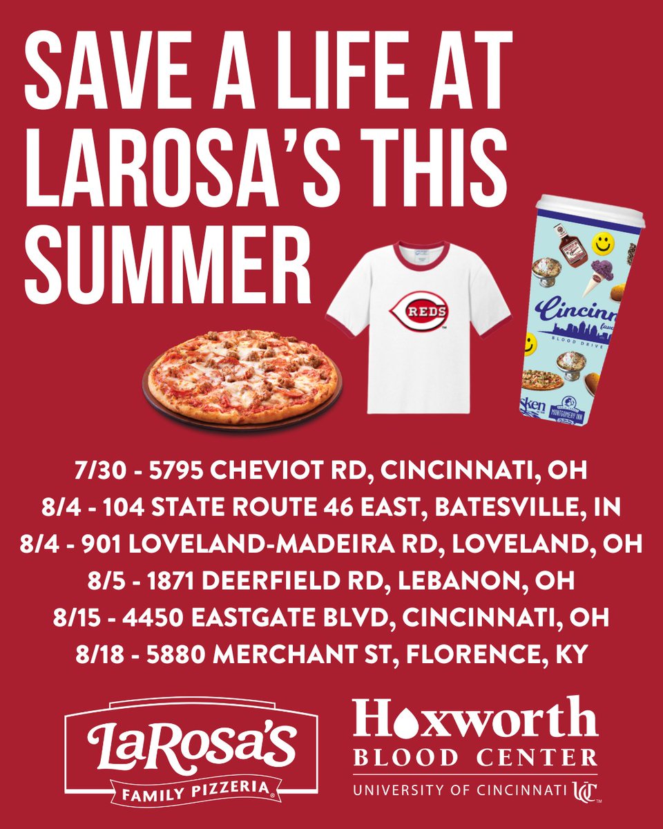 LaRosa's Pizzeria (@larosaspizza) on Twitter photo Don't miss your chance to save a life at LaRosa's this summer by donating ๐ฉธ! Every donor receives a FREE small 2-topping pizza, a collectable Cincinnati Favorites cup, and a special gift from <a href="/HoxworthUC/">HoxworthUC</a> ๐ Don't miss your chance to save a life at LaRosa's this summer by donating ๐ฉธ! Every donor receives a FREE small 2-topping pizza, a collectable Cincinnati Favorites cup, and a special gift from <a href="/HoxworthUC/">HoxworthUC</a> ๐