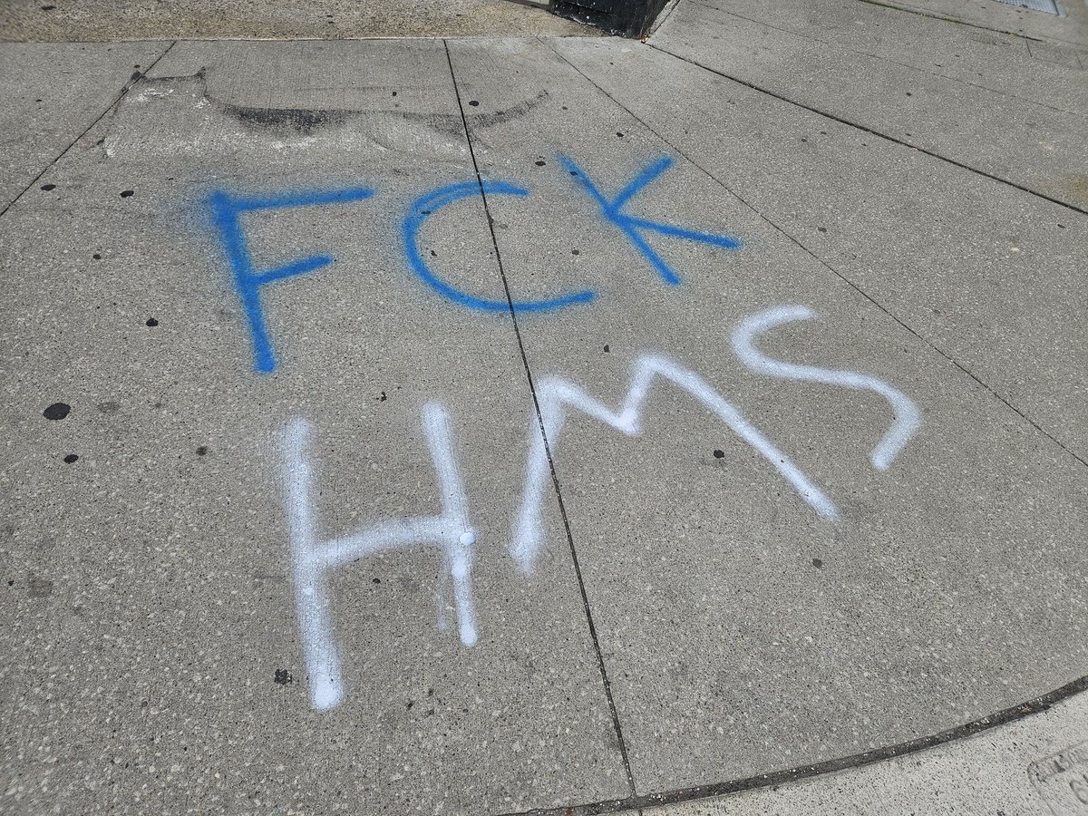 "FCK HMS" has been graffitied on numerous Junction sidewalks overnight.  This one was spotted at the corner of Dundas and Mavety.