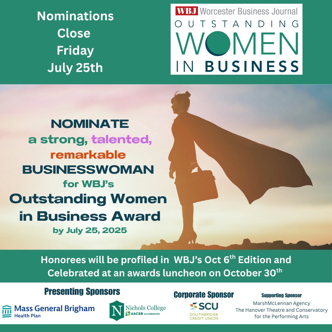 WBJournal's tweet image. Nominations close tomorrow - Do you know an Outstanding Businesswoman? Don't forget to nominate her!
Nomination link: ow.ly/r5nI50VV9tt
Thank you to our presenting sponsors @MGBHealthPlan and @Nichols_College