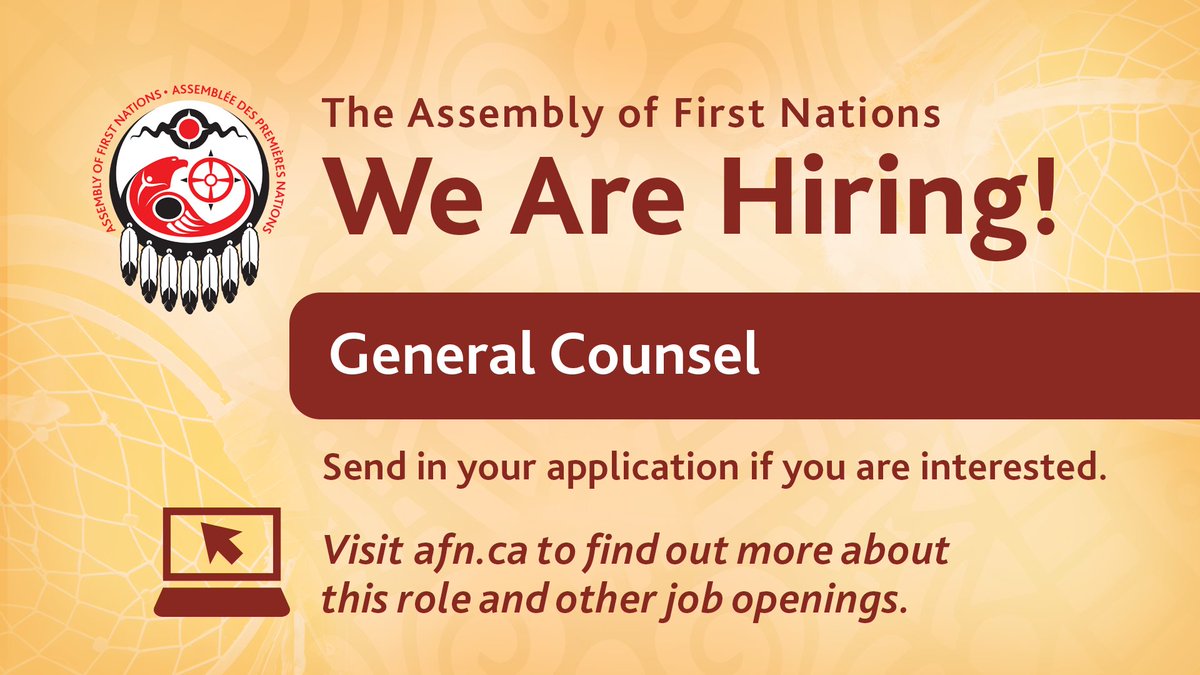AFN_Updates's tweet image. The AFN is #hiring an experienced and strategic General Counsel to serve as the senior legal advisor to the organization and a key member of the executive leadership team. If you have demonstrated experience in litigation oversight and working with or advising First Nations…