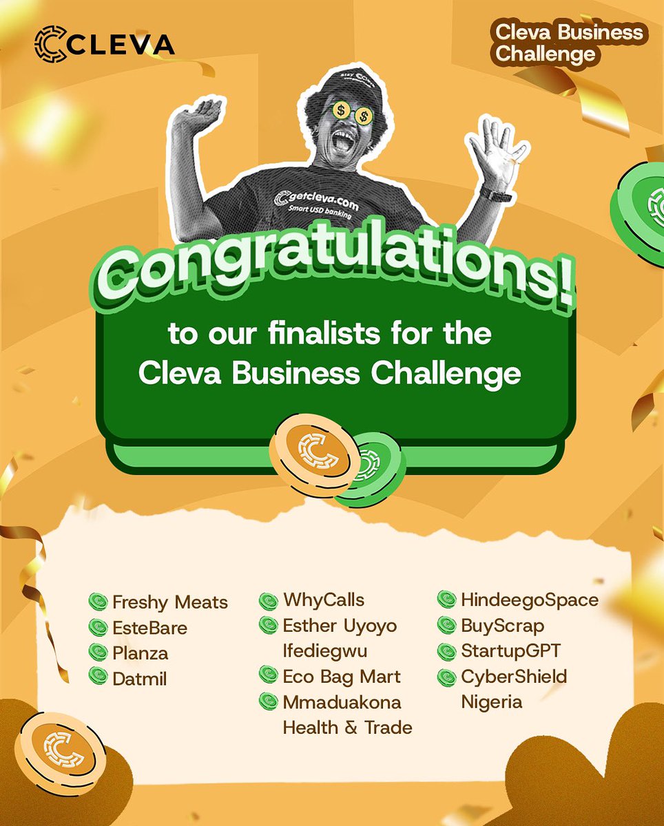 clevabanking's tweet image. Say hello to the top 12 finalists of the Cleva Business Challenge! 🎉
Know anyone on the list? Tag them and show some love!
To everyone who applied, thank you for sharing your brilliance with us.
And to our finalists, good luck as you head into the virtual pitch. We’re…