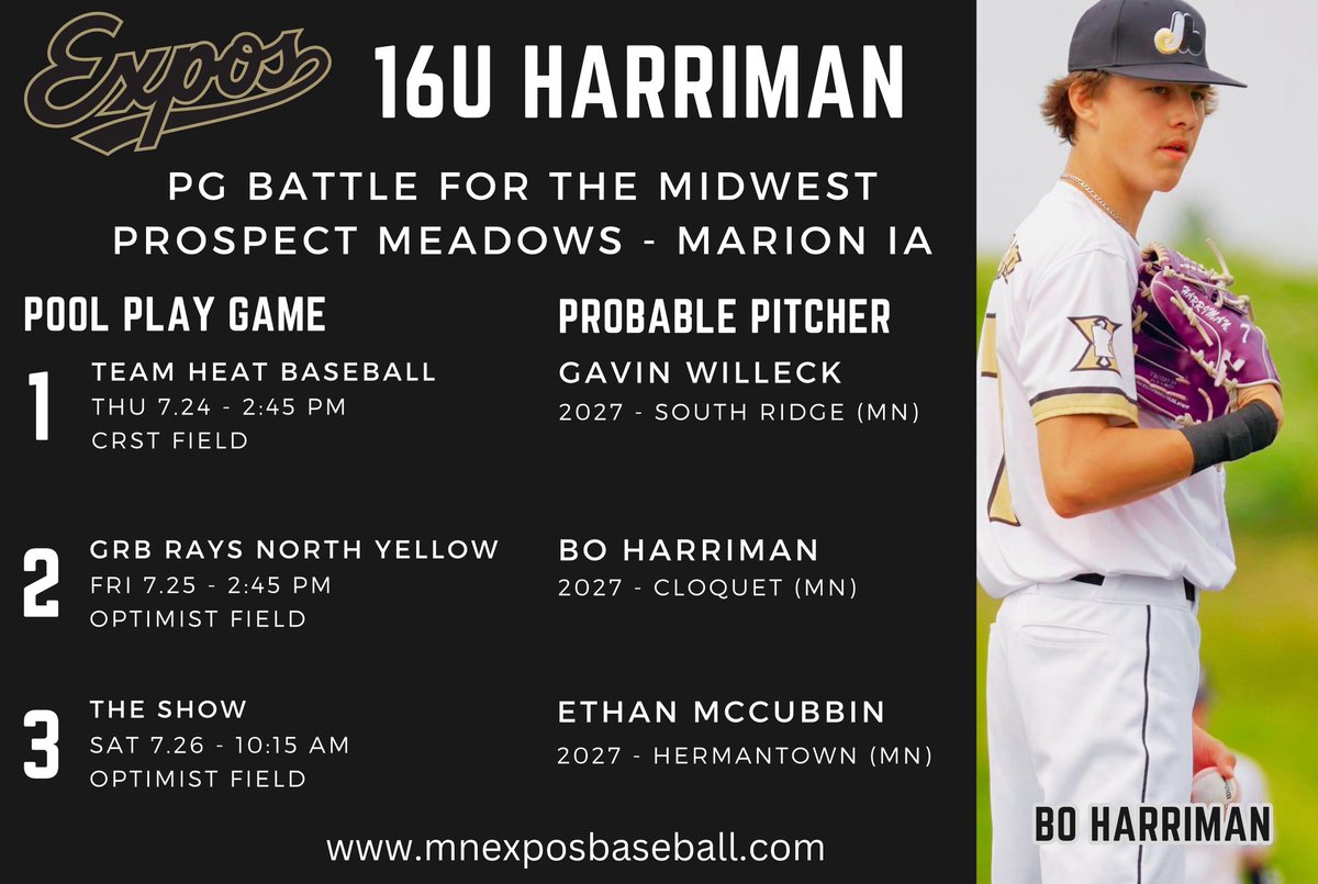 Pool play schedule and probable pitchers for Expos 16U at the <a href="/IowaPG/">Perfect Game Iowa</a> Battle for the Midwest at <a href="/ProspectMeadows/">Prospect Meadows</a>