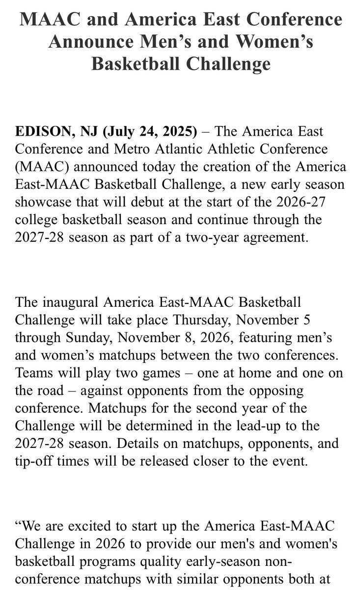 EvanApplebaum2's tweet image. Mailbox: The America East and MAAC announce a men’s and women’s basketball challenge, beginning in early 2026.