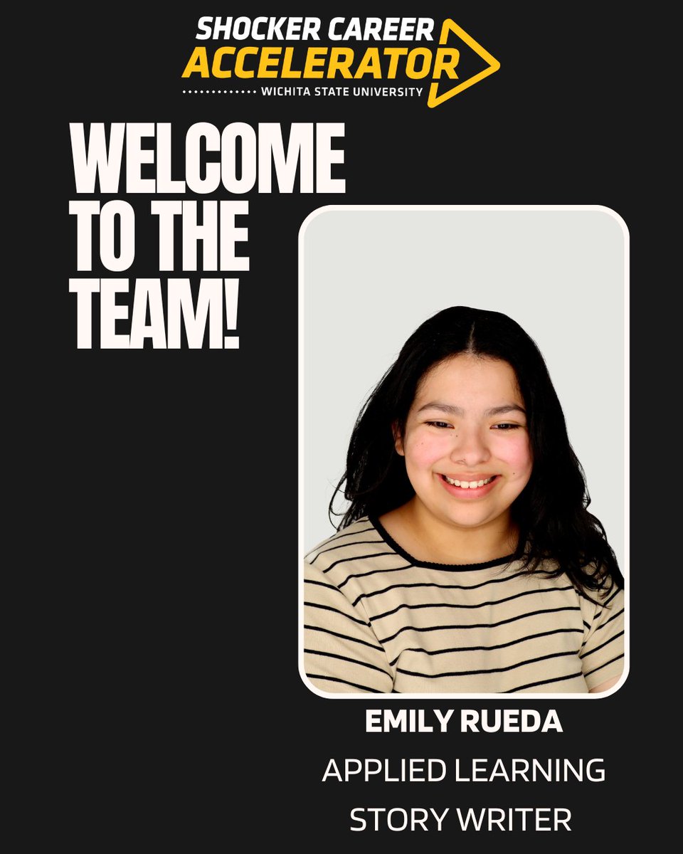 ShockerCareer's tweet image. Welcome to the team, Emily Rueda — our new Applied Learning Story Writer!
A Wichita native and WSU senior, Emily’s excited to meet people and share their journeys through storytelling.
Also, she loves drawing and experimenting with Adobe tools.
We’re happy to have you, Emily!
