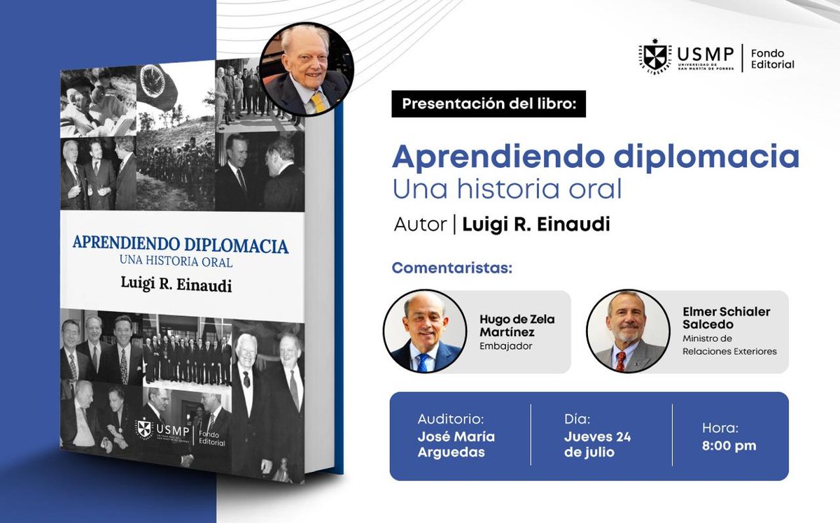CancilleriaPeru's tweet image. #NoticiasTorreTagle | Hoy 24 de julio a las 8:00 p.m., en el auditorio José María Arguedas de la @FILLima2025 , el canciller Elmer Schialer y el embajador Hugo de Zela presentarán las memorias de Luigi R. Einaudi en el libro titulado “Aprendiendo diplomacia. Una historia oral”.…