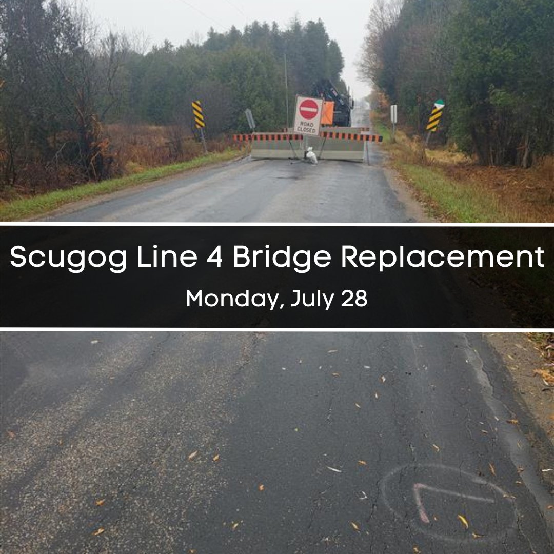 TwpofScugog's tweet image. Please be advised the Scugog Line 4 bridge replacement is scheduled to begin Monday, July 28.
This replacement is expected to take up to 2 weeks, weather dependent. We will update when the bridge is open.
Learn more about the project at scugog.ca/news