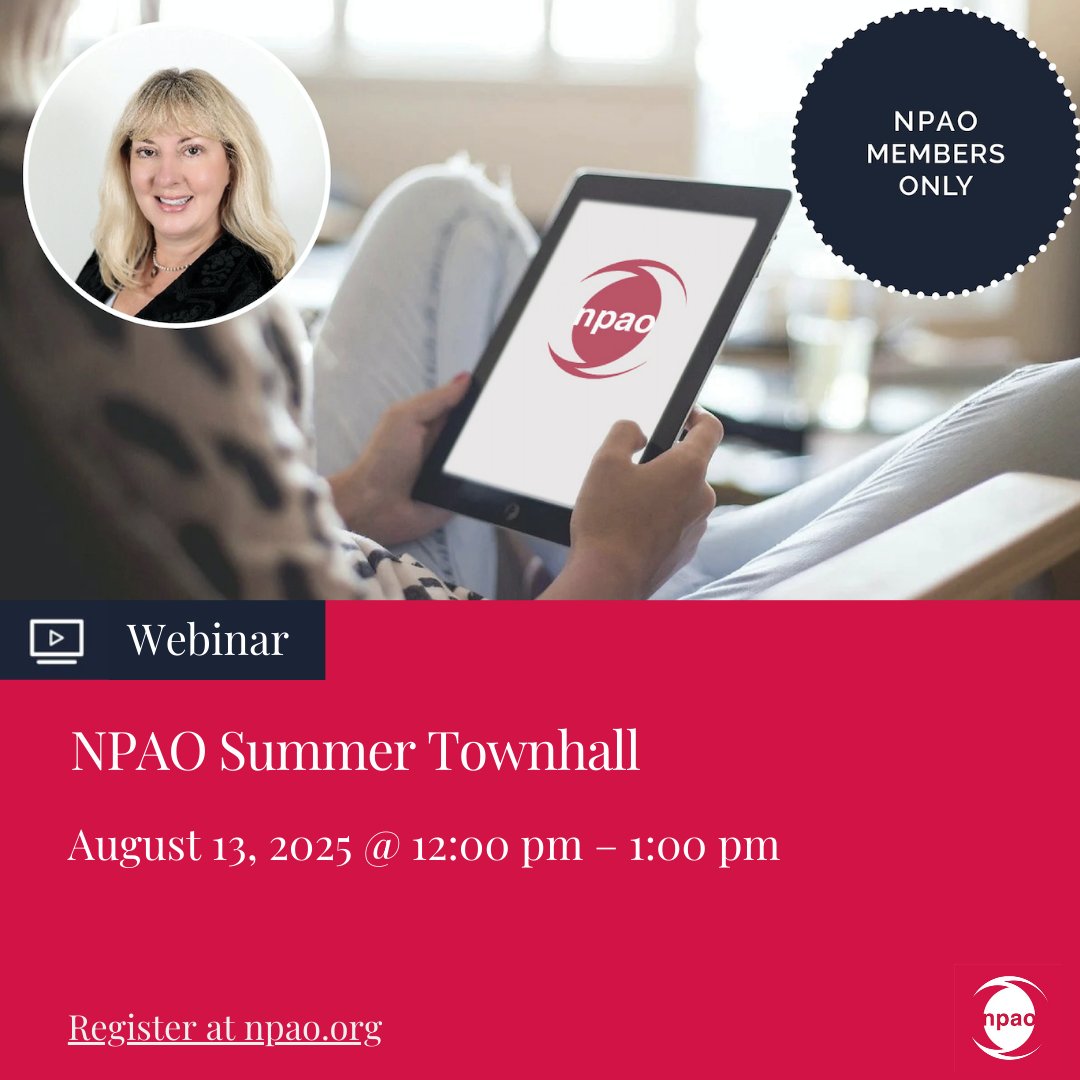 Calling all NPAO members! Join us for our Town Hall Meeting on August 13 from 12:00 pm to 1:00 pm.
An excellent opportunity to voice your opinions, ask questions, and engage with fellow members and the leadership team.
Register now: loom.ly/hwU9ksU

#NPAO