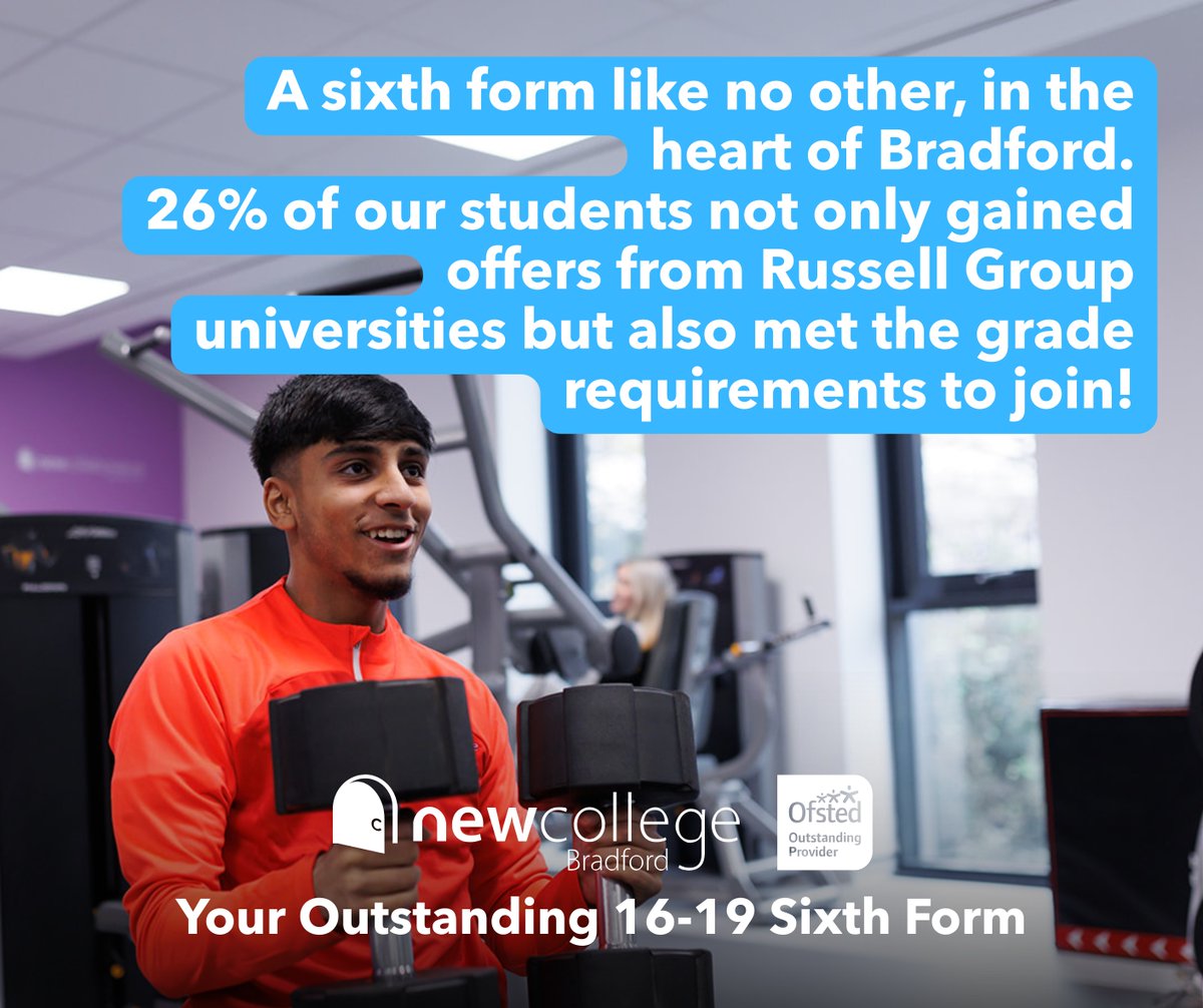 NewColBradford's tweet image. A sixth form like no other, in the heart of Bradford.
26% of our students not only gained offers from Russell Group universities but also met the grade requirements to join!
The Russell Group is a collection of 24 leading UK universities. #YourNewCollege