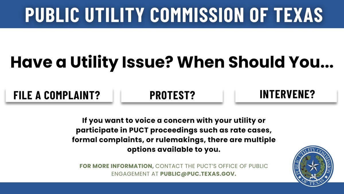The PUCT is here to help #Texas consumers resolve issues with their utility services, and we encourage public participation in PUCT proceedings. Learn more about how to participate here: puc.texas.gov/consumer/compl… #txlege #txenergy