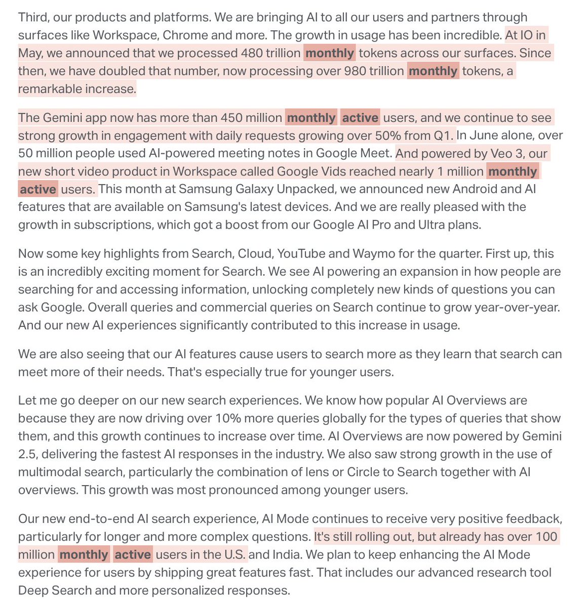 KoyfinCharts's tweet image. $GOOGL Alphabet CEO, Sundar Pichai, claims that Google's Gemini app has reached 450 million MAUs, while the new Search AI Mode experience has grown to 100 million MAUs across the US and India.
