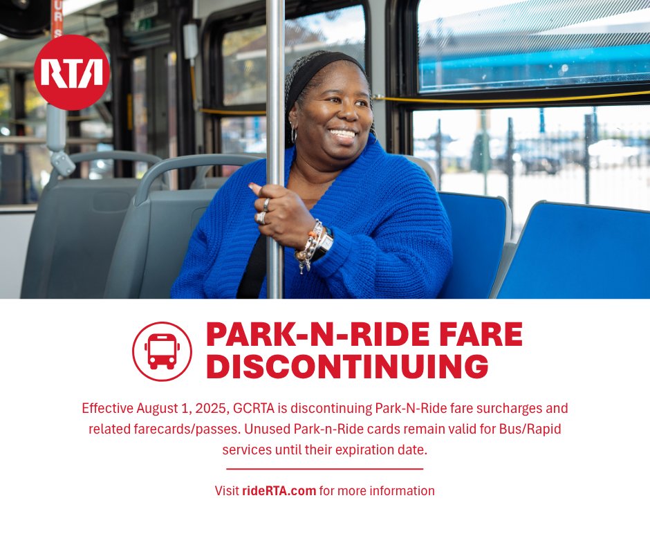 GCRTA's tweet image. Starting August 1, 2025, GCRTA is discontinuing Park-n-Ride and out-of-county fare surcharges! That means no more special farecards or passes for those services. Unused Park-n-Ride cards are still valid until they expire.
Details: rideRTA.com/fares! πβ¨