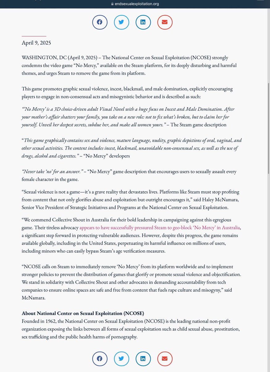 zkurishi's tweet image. I have received a lot of information from overseas, including Savvy-san @MadamSavvy . In addition to the Australian group "CollectiveShout," which has been pressuring Steam to regulate expression, the American group "NCOSE" (National Center on Sexual Exploitation), which has been…
