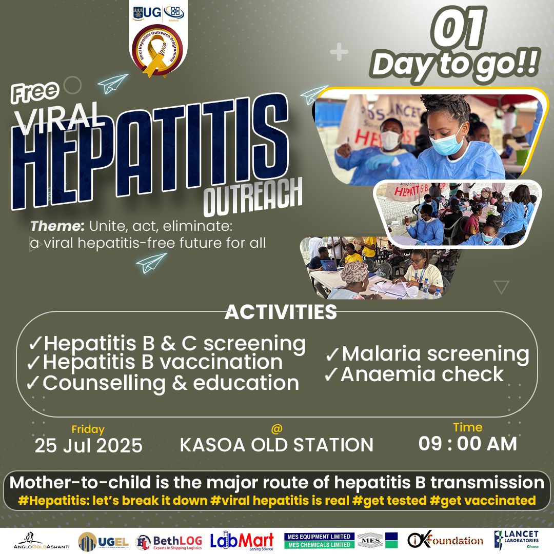 NMIMR_UG's tweet image. 🚨 It’s tomorrow 🚨
Join us at Kasoa Old Station on July 25th at 9:00 AM for the free Viral Hepatitis Outreach Programme (VHOP)
Don’t wait, #GetTested, #GetVaccinated to protect yourself and your loved ones.
👉 Spread the word!
@DorothyYeboahM1
