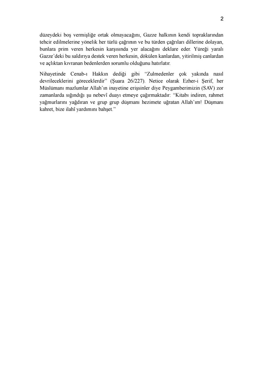 GeographyMuslim's tweet image. 🔴El-Ezher, "Ezher-i Şerif'in Dünyaya Çağrısı" başlığıyla Gazze’deki kuşatmayı sonlandırmak için harekete geçme çağrısında bulunduğu bir bildiri yayımladı. Ancak bu bildiri, yayımlandıktan yalnızca bir saat sonra kaldırıldı.