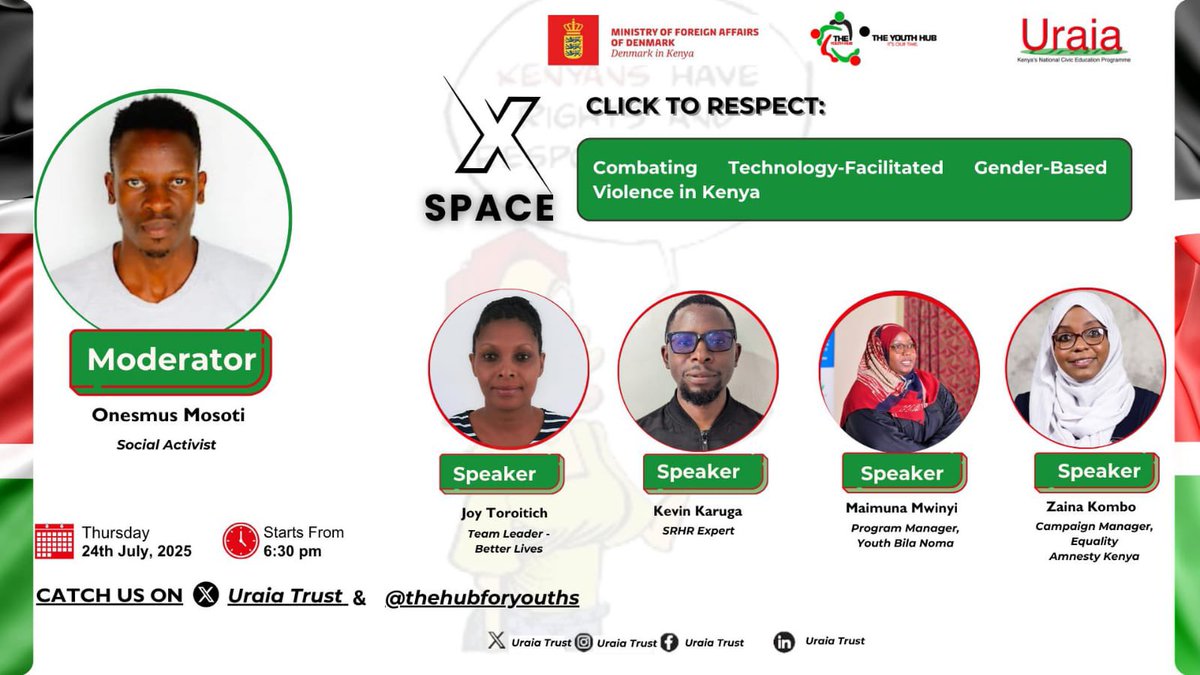 B N™ (@bnyabuti_ke) on Twitter photo Do you know what technology-facilitated gender-based violence is?
Today as from 6:30pm, <a href="/TheHubForYouths/">The Youth Hub</a> with support from <a href="/UraiaTrust/">Uraia Trust</a> , <a href="/denmarkinkenya/">Denmark in Kenya</a> will be hosting a space to discuss candidly on technology facilitated gender based violence, its effects and how we can combat Do you know what technology-facilitated gender-based violence is?
Today as from 6:30pm, <a href="/TheHubForYouths/">The Youth Hub</a> with support from <a href="/UraiaTrust/">Uraia Trust</a> , <a href="/denmarkinkenya/">Denmark in Kenya</a> will be hosting a space to discuss candidly on technology facilitated gender based violence, its effects and how we can combat