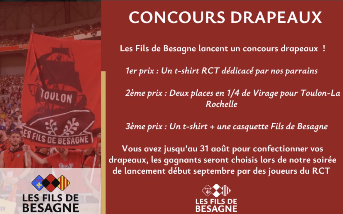 FilsdeBesagne's tweet photo. 𝑪𝒐𝒏𝒄𝒐𝒖𝒓𝒔 𝒅𝒓𝒂𝒑𝒆𝒂𝒖𝒙 🏆🏅

Pour vous faire patienter jusqu’au retour de nos guerriers, l’association lance un concours du meilleur drapeau.

Le but ? Raviver le bloc Fils du Besagne du 1/4 de Virage et ainsi faire battre encore plus fort le cœur de Mayol ! 

1/3👇 https://t.co/z5K91UgI58