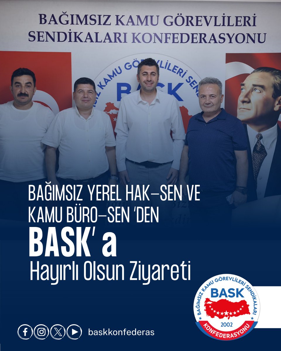 Bağımsız Yerel Hak-Sen Genel Başkanı Yavuz TOPTAŞ, Bağımsız Yerel Hak-Sen Genel Başkan Yardımcısı Erdem CEBECİ ve Kamu Büro-Sen Genel Başkan Yardımcısı Yusuf KARAÇOR' u BASK Genel Merkezimizde ağırladık.

Genel kurul sonrası hayırlı olsuna gelen kıymetli başkanlarım ile kamu