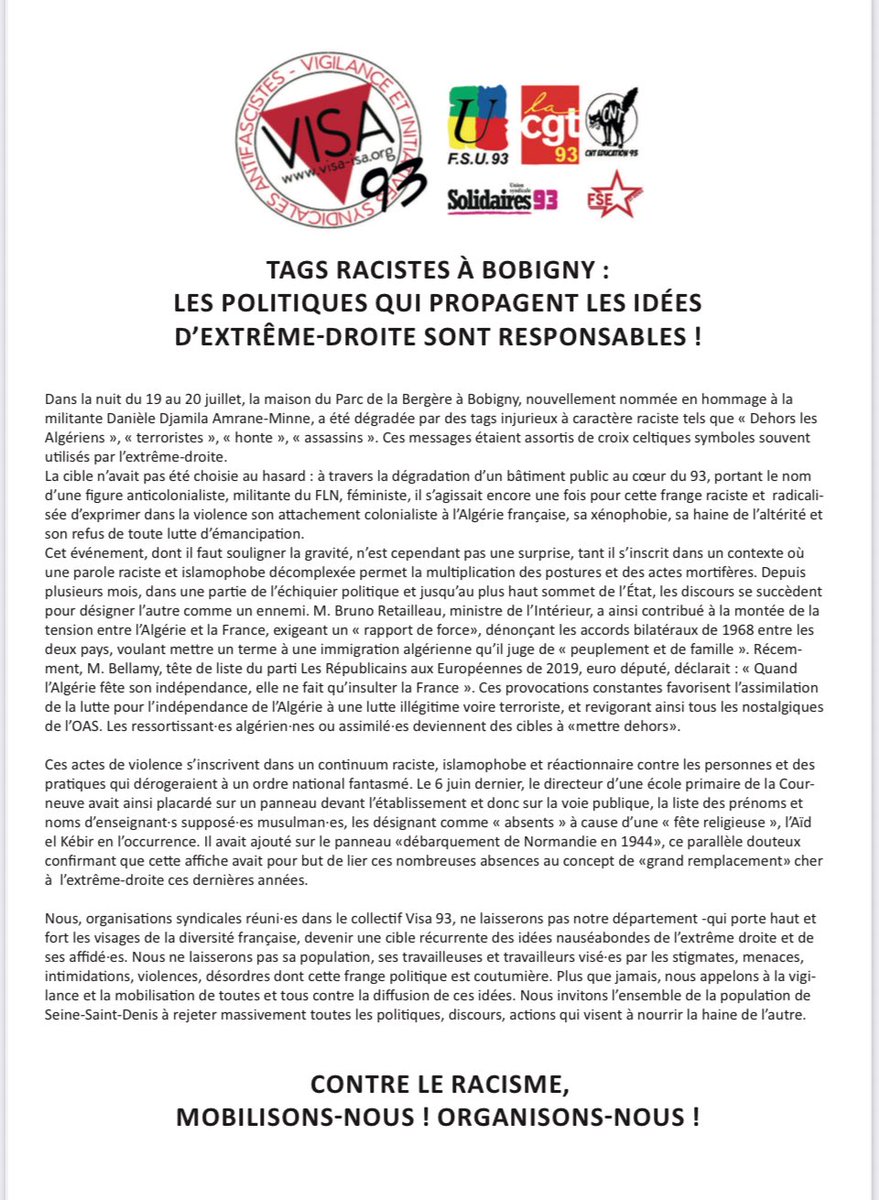 TAGS RACISTES À BOBIGNY :
LES POLITIQUES QUI PROPAGENT LES IDÉES
D’EXTRÊME-DROITE SONT RESPONSABLES