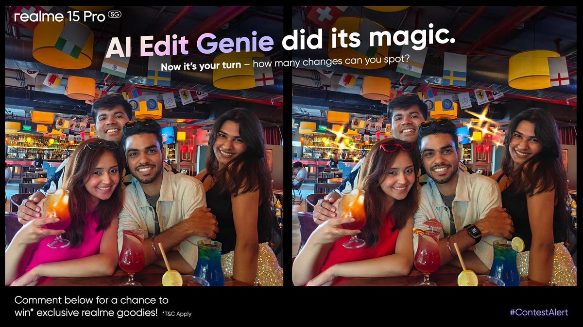 🪩 While you are watching our Night Show. Spot the edits. Win the #AIPartyPhone.

The AI Edit Genie worked its magic on this picture but can you spot all the changes?

Comment below all edits for a chance to win a #realme15Pro5G!

📸 #realme15Series5G #CoolestLaunchPartyinIndia