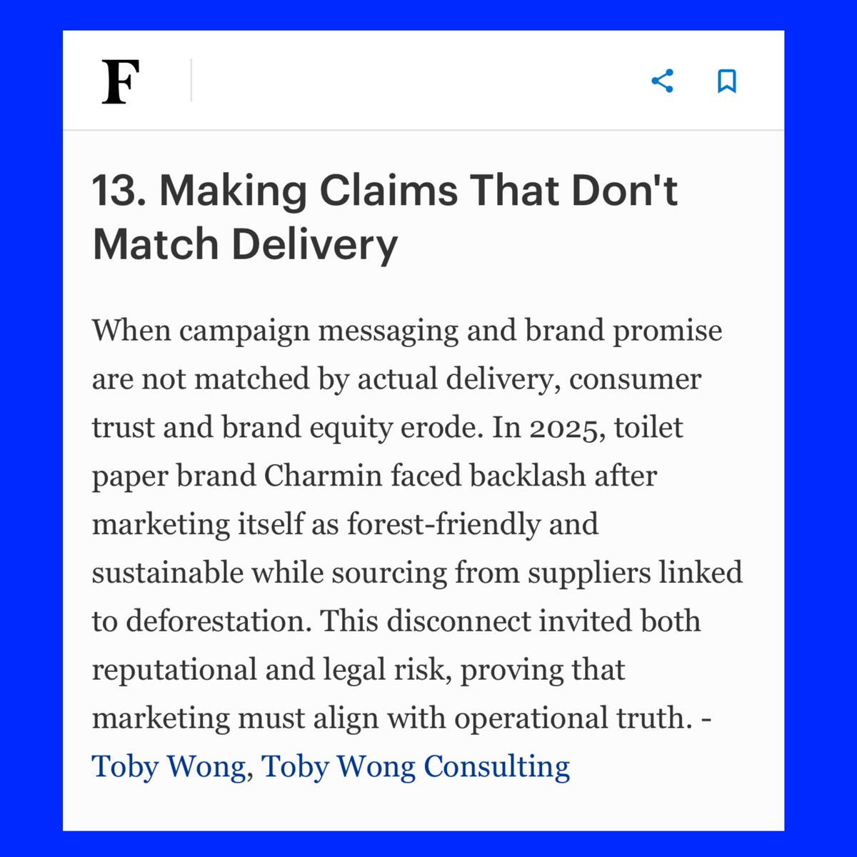 <a href="/Forbes/">Forbes</a> : When Your Marketing Campaign Flops 

Check-out <a href="/ForbesCommCncl/">Forbes Communications Council</a> Expert Panel article on pivoting marketing to connect with your consumers.

#ClaimsMatchDelivery #NoGreenwashing #Charmin #CrisisManagement #Forbes #MarketingFlops
