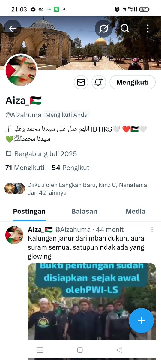 Salah satu akun yang concern terhadap perjuangan rakyat Palestina, yuk kita serbu follow akun ini. 
Akun lamanya suspend! 

Bantu follow ya akun ini. 
👉 <a href="/Aizahuma/">Aiza_🇵🇸</a> 
Cc.
<a href="/DrEvaChaniago/">Eva Sri Diana Chaniago</a> 
<a href="/ramaArsy1/">@Rama</a> 
<a href="/YandraD31/">yandraAsril</a> 
<a href="/ownerradikal1/">B'jrohlom</a> 
<a href="/AlnilamOmar/">Aliff_qu🌺</a> 
<a href="/NChupakabr50581/">Ninz C</a> 
<a href="/6undul0h/">Gunawan (GUndul meNAWAN)</a>