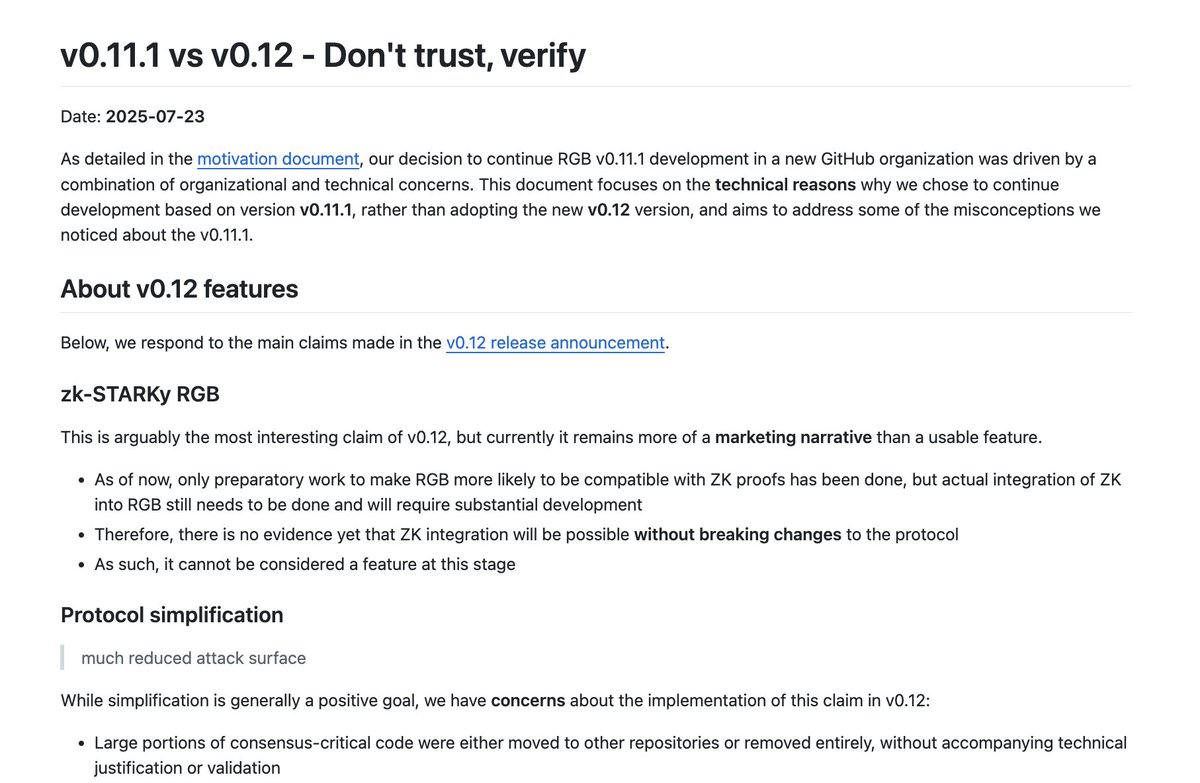 Important Announcement:

Following recent discussions within the community, the RGB developers have released a document addressing all questions raised about v0.11.1 which has been launched on mainnet, including its differences from  v0.12. Link:

github.com/rgb-protocol/.…