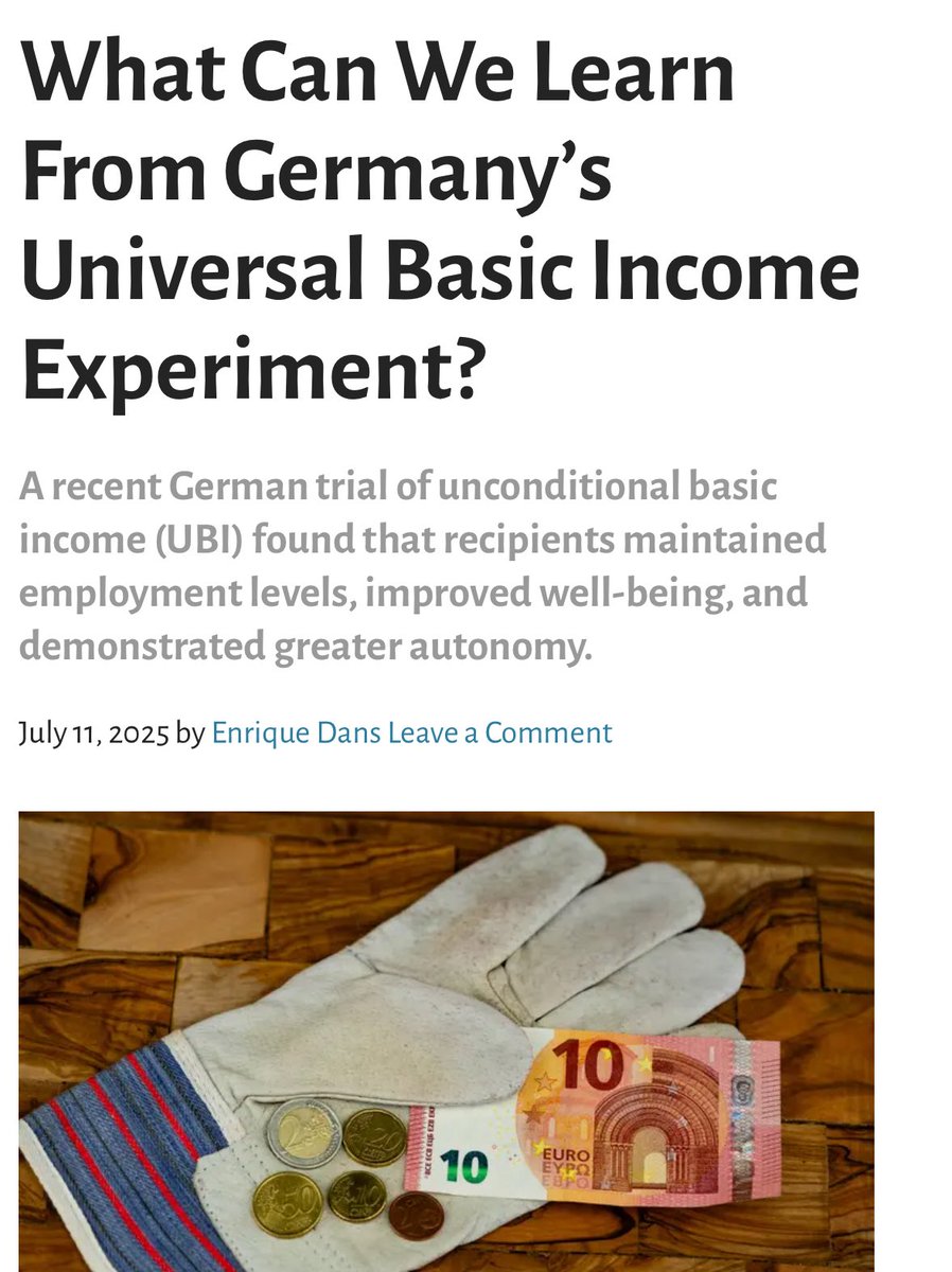 JonMunitz's tweet image. Germany gave people €1,200/month no strings attached.
They kept working, slept better, switched to better jobs, and even gave more to others.
Turns out, when people aren’t drowning, they swim further.
#UBI doesn’t kill ambition, it frees it.