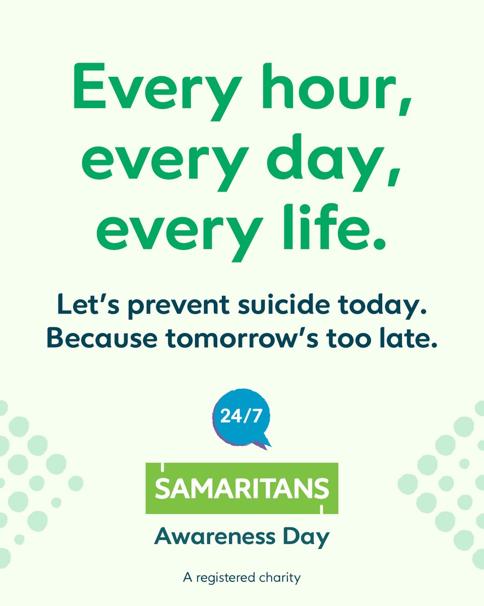 Today’s date is 24/7, which is #SamaritansAwarenessDay 💚

Remember that when life is difficult, @Samaritans are there to listen 24/7.