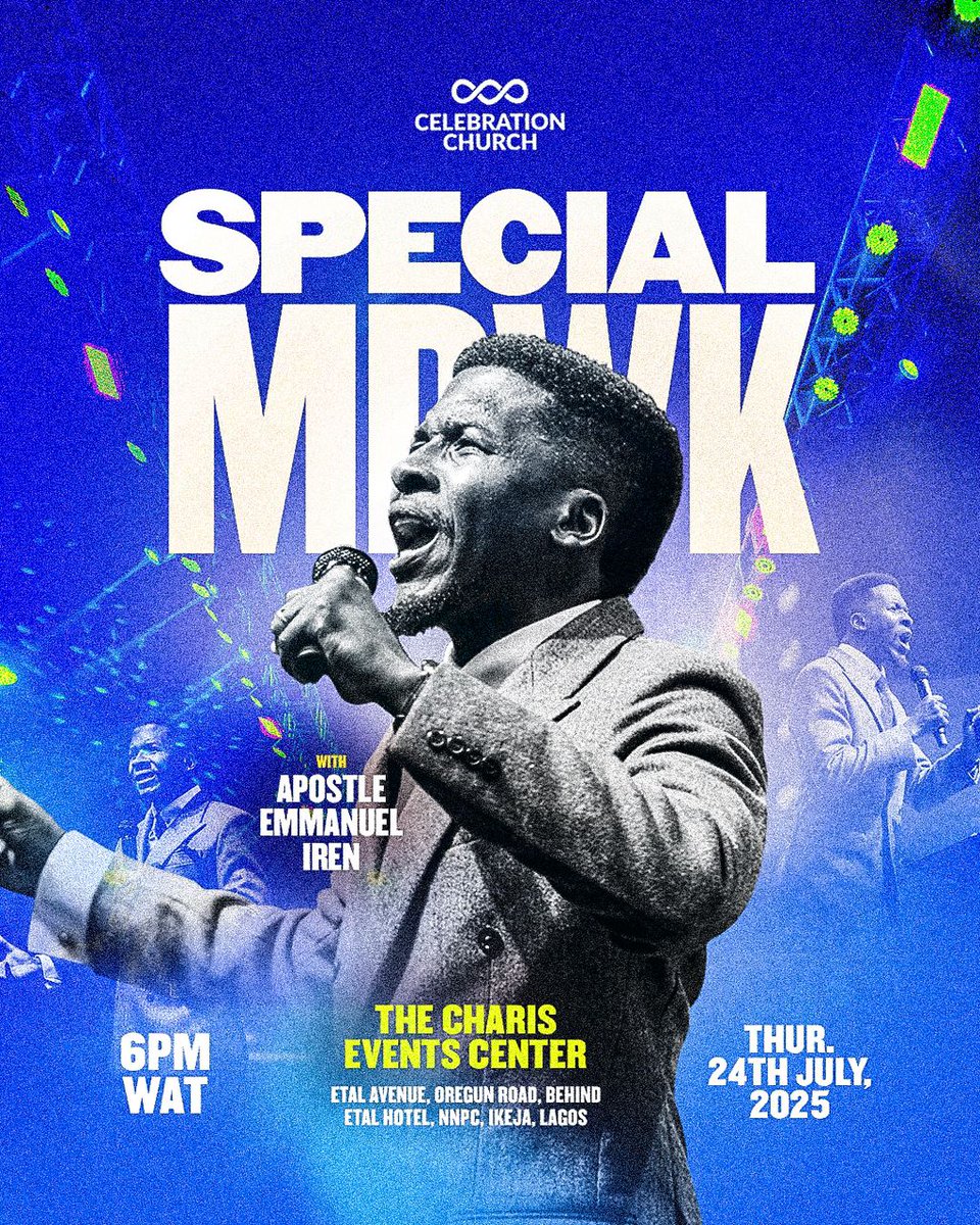 We have a very special MDWK Service today, and you don’t want to miss it!

Our Apostle <a href="/pst_iren/">Apostle Emmanuel Iren</a>  will be present LIVE and ministering in-person <a href="/cci_ikeja/">CCI Ikeja Campus</a>!

📍The Charis Events Center, Etal Avenue, Oregun Rd, behind Etal Hotel/NNPC

🕕 6PM

See you there and don't come alone😊