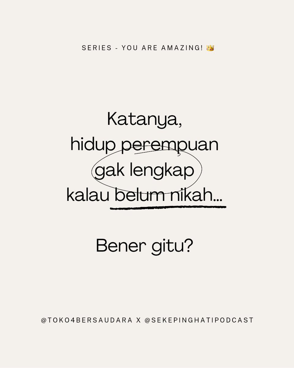 sekepinghatii_'s tweet photo. Kamu sering ditanya ‘kapan nikah’? Gimana rasanya? Cerita di sini yuk, kamu gak sendirian 🤗🥰
.
Series "You are Amazing!" - @sekepinghatii_ x @toko4bersaudara https://t.co/vCbct46o7Q