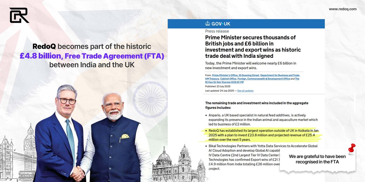redoqofficial's tweet image. A proud day for #RedoQ 🇮🇳🇬🇧
As India & UK sign the historic #FTA, RedoQ’s £23.8M investment in #Kolkata is officially recognised.
From UK success to Indian expansion — we’re just getting started!
Read Full Article ➡️ tinyurl.com/atf8hy83
#UKIndia #Trade #LetsRedoQ