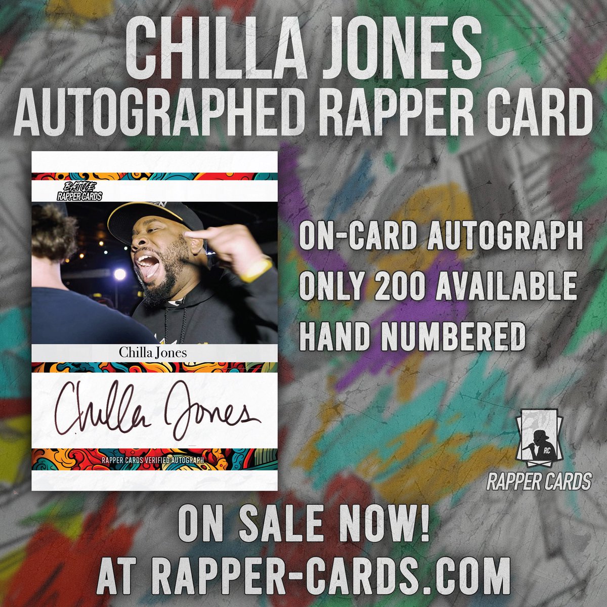“The King of Schemes” Chilla Jones now has his very first official Battle Rapper Card. Each limited edition card is hand-numbered and features an on-card autograph from <a href="/chillajones/">Kingpen 👑✍🏿</a> himself. Available now at rapper-cards.myshopify.com 

#RapperCards #thehobby #tradingcards