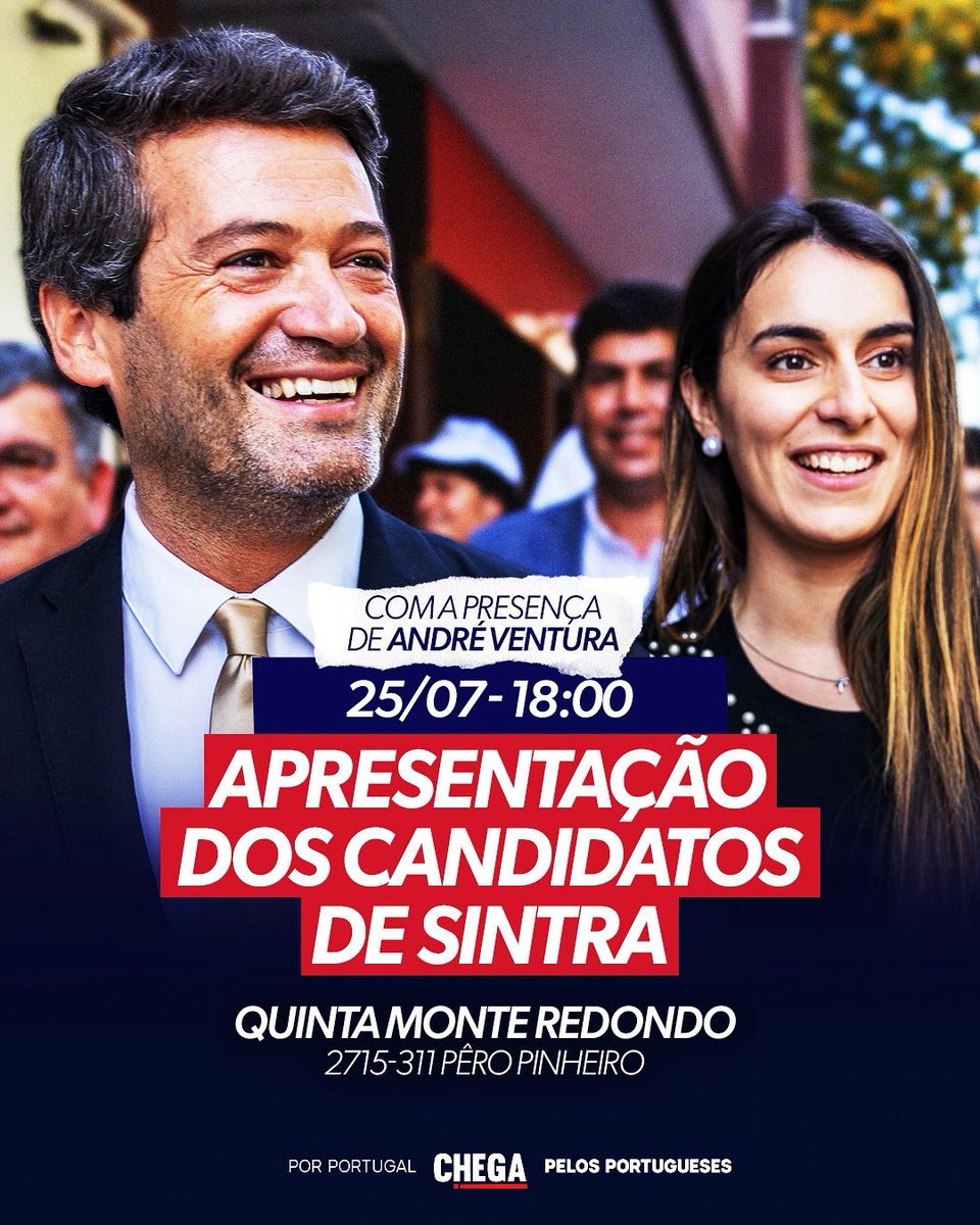 PartidoCHEGA's tweet image. No próximo dia 25 de julho, pelas 18h, o nosso Presidente, André Ventura irá marcar presença na apresentação dos candidatos autárquicos de Sintra.
Não faltes! 😉
Inscrições em portalchega.pt