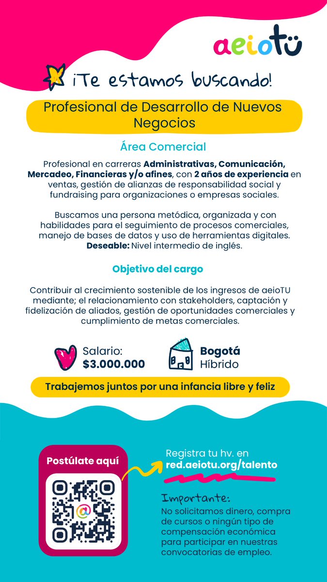 aeioTU's tweet photo. 🚀 ¡Buscamos talento con propósito!

En aeioTU tenemos vacantes para:
📌 Nuevos negocios
📌 Monitoreo y evaluación
📌 Investigación

Postula tu hoja de vida aquí 👉 https://t.co/WmeLgFbeUk

#TrabajoSíHay #PrimeraInfancia https://t.co/BIL6K0x9Qs