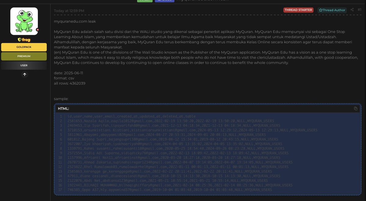 🚨 نُشر تسريب مزعوم لبيانات مستخدمي منصة تعليمية إسلامية إندونيسية 🇮🇩 تُعرف باسم MyQuran Edu في منتديين مختلفين على الدارك ويب من حسابين منفصلين.

🔹 التسريب يحتوي معلومات 4,362,039 مستخدم، تشمل أسماء كاملة، عناوين بريد إلكتروني، وتفاصيل أخرى.

🔍 تكرار نشر التسريب في أكثر من