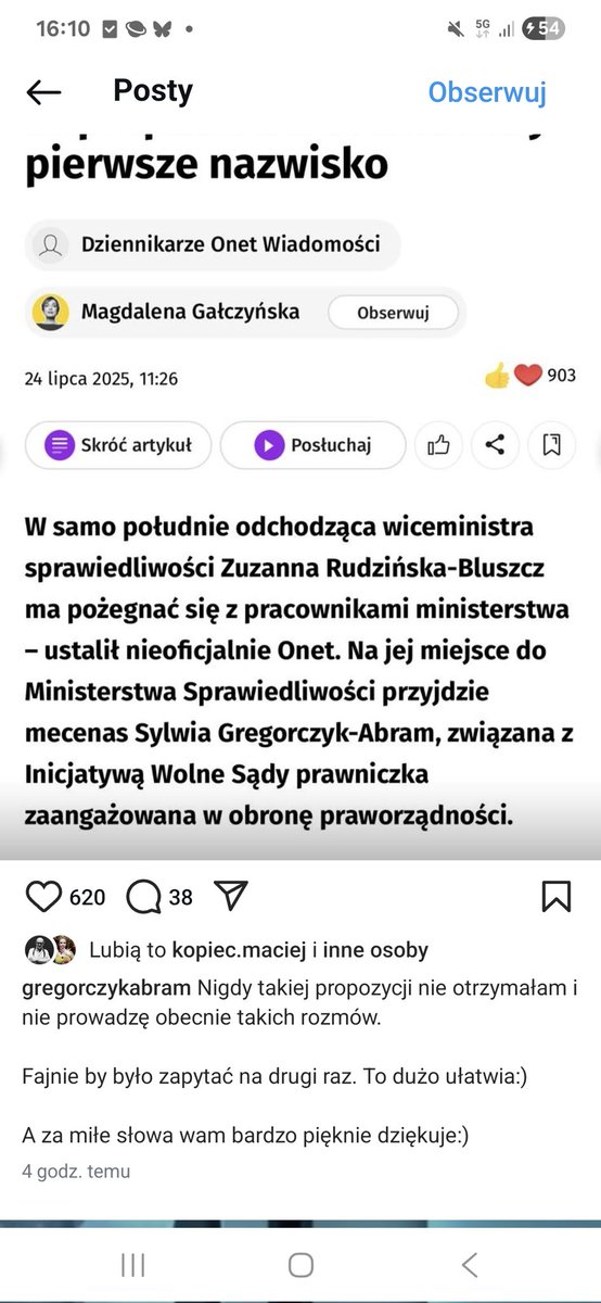 sylwiastempniak's tweet image. Parę godzin nie było mnie ma X i teraz czytam, że Pani Sylwia Gregorczyk-Abram zostanie w-ce ministrem sprawiedliwości ✌️
Ten tydzień od wczoraj piękniejszy, a jutro jeszcze piątek🤭
Edytowałam. Myślałam, że @OnetWiadomosci to jednak zweryfikował, zanim napisał. Szkoda😥