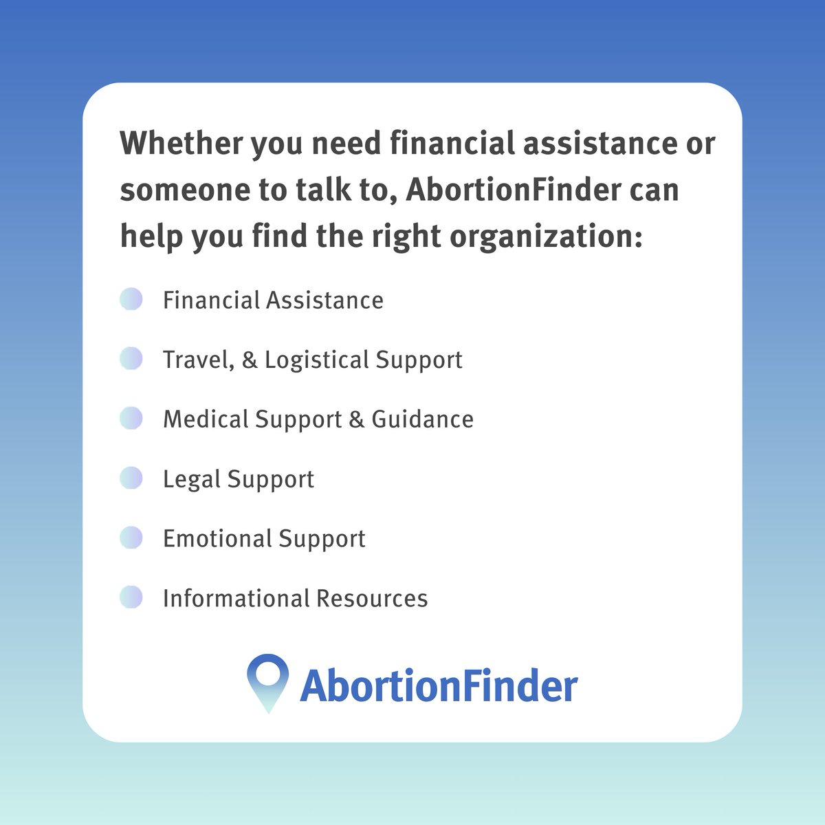 Abortion_Finder's tweet image. In addition to legit providers, AbortionFinder.org is here to help abortion seekers find funding and support resources 🙌
