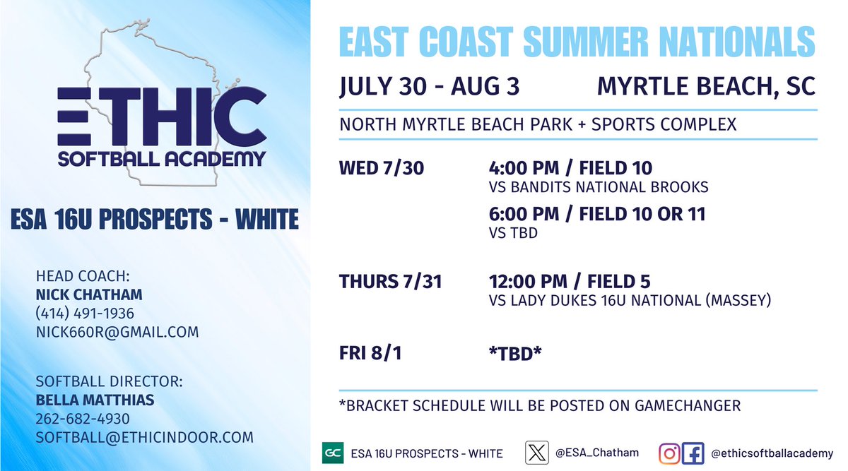 Game Schedule for the East Coast Summer Nationals in📍Myrtle Beach, SC!! 💥

<a href="/Arowicki99/">Alejandra Rowicki</a> <a href="/chatjord12_8/">Jordan Chatham</a> <a href="/JaedaZackery/">Jaeda.zackery</a> <a href="/JaycieAnderson_/">Jaycie</a> <a href="/JamieG_30/">Jamie Gorski</a> <a href="/MollySheahan/">Molly Sheahan</a>