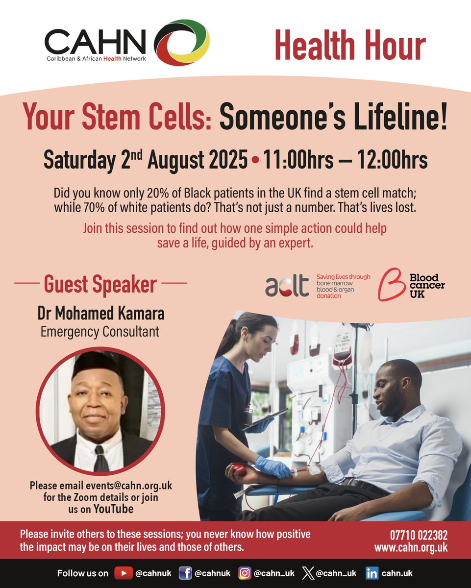 cahn_uk's tweet image. Letโs Talk #StemCells!
Did you know that only 20% of Black patients in the UK find a stem cell match, compared to 70% of white patients? This urgent inequality is costing lives, but together, we can change the narrative.
Join us this Saturday, 2nd August, at 11AM forโฆ