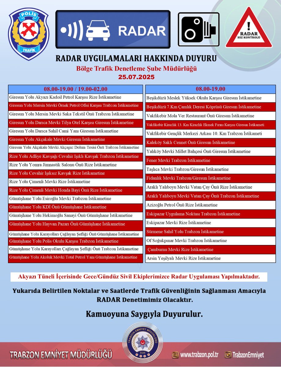 📍Trabzon İlimizde Karayollarını Kullanan Sürücülerimizin Dikkatine⚠️ 

🔹️25.07.2025 Cuma günü yapılacak olan İlimiz Geneli Radar Uygulamaları Duyurusu..🚔👇

<a href="/TrabzonValilik/">T.C. Trabzon Valiliği 🇹🇷</a>