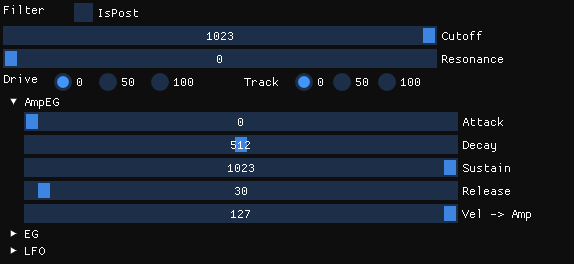 Fwmi3X's tweet image. 上音成分をかなり増やしたのですが、その兼ね合いで削った部分が良くなかったみたいです。
もう少し落とし所を探ってみるつもりです。

画像はユーザーオシレーターのPC開発環境(兼xd Editor)で、UIはimguiを使用しています。
&quot;Vel -&amp;gt; Amp&quot;がAmp Velocityで、最大にしています。
#KORG #logueSDK