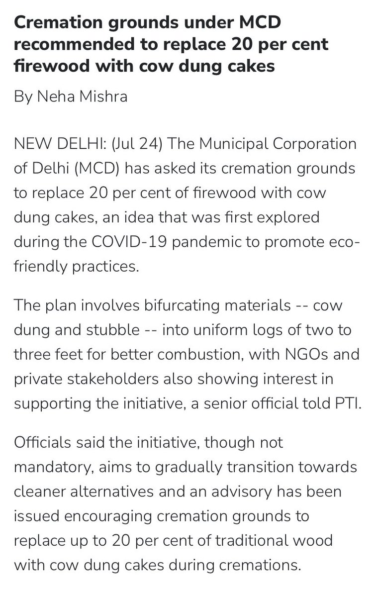 If people see cow dung being used respectfully in cremations, acceptance will follow,” says a senior MCD official. 

#EcoCremation #Delhi 

hindustantimes.com/cities/delhi-n…

Read my story here <a href="/PTI_News/">Press Trust of India</a>