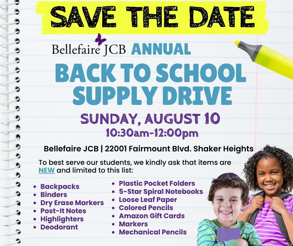 ✏️ Our Back to School Supply Drive is coming up!

Your donation supports over 10,000 youth across Bellefaire’s 10 community-based programs in Cuyahoga County. 💜

Can’t make it in person?
You can still support from home:

✨ Donate online: bellefairejcb.org/donate